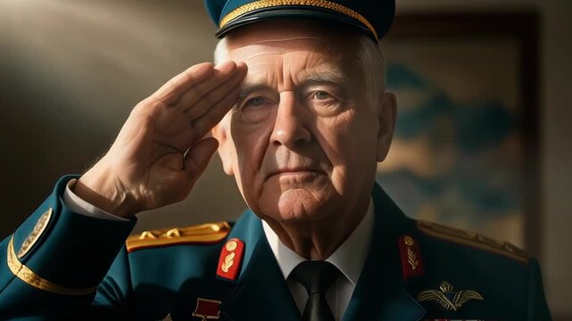 Elderly Military General Saluting with Pride and Honor in Uniform.