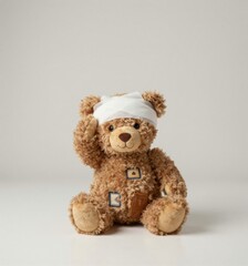Obraz premium Injured Teddy Bear with Bandage Isolated on White Background, Symbolizing Childhood Accidents and Healthcare