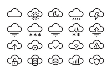 Obraz premium Cloud computing icons set, line art cloud storage symbols, weather forecast outline collection