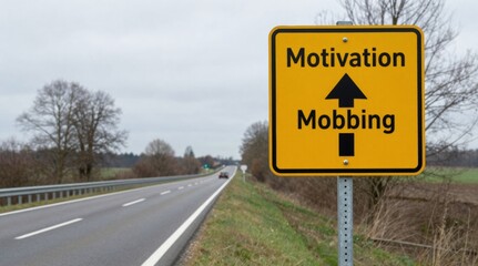Road sign contrasting motivation as the preferable path versus mobbing, reflecting workplace dynamics and career choices