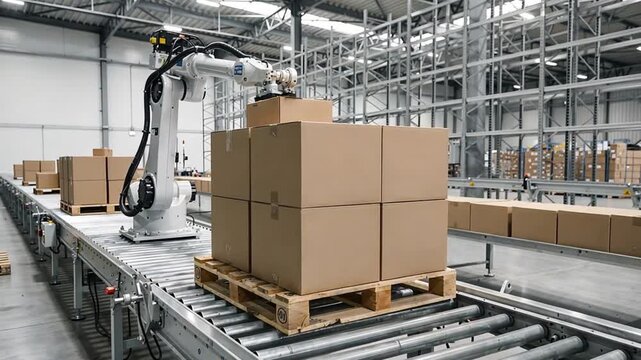 Robotic arm precisely stacks cardboard boxes onto a wooden pallet on a conveyor belt in an automated warehouse.