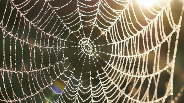 Close-up of intricate spiderweb covered in dewdrops, glistening in the early morning sunlight