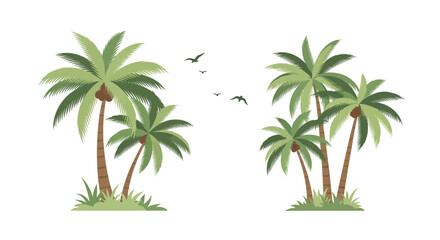 Fototapeta premium Tropical Palm Trees and Flying Birds on White Background - Vector Illustration