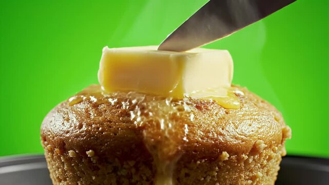 Close-up of a muffin topped with a pat of melting butter and a green blurred background