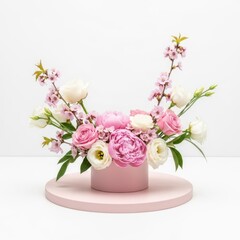 Naklejka premium Pink and white floral arrangement with peonies, roses, and cherry blossoms in a round pink vase on a pedestal, isolated on white