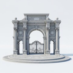 Fototapeta premium 3D render of a classical ornate stone archway with wrought iron gates, columns, and intricate carvings, isolated on white