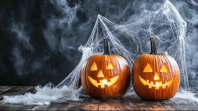 Spooky Halloween pumpkins with carved faces and cobwebs.