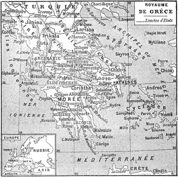 A political map of the Kingdom of Greece showing administrative regions and international borders in the late 19th century, old vintage illustration, 1897.