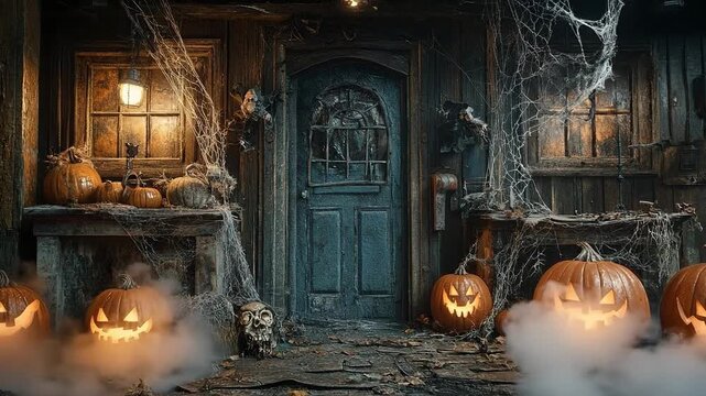 A spooky Halloween scene with carved pumpkins and cobwebs.