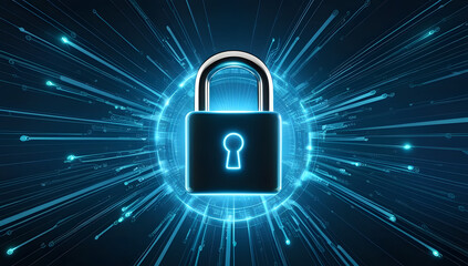Digital Fortress: Illuminated Padlock on a Platform with Neon Circuit Pathways
