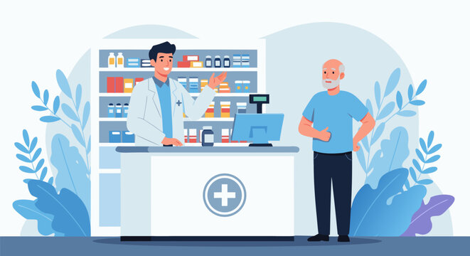 Professional male pharmacist assisting an elderly patient at a modern pharmacy counter, providing medicine or consultation. Healthcare support vector illustration