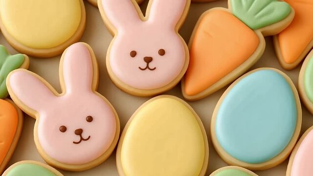 Various colorful easter cookies including bunny, carrot, and egg shapes arranged together. Festive treat for spring holiday celebration.