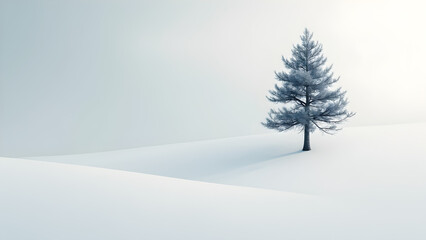 Fototapeta premium minimalist pine tree art. snowy hill landscape. ultra realistic nature photography. serene winter scenery.