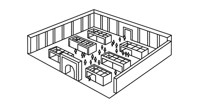 Black and white office cubicles layout.