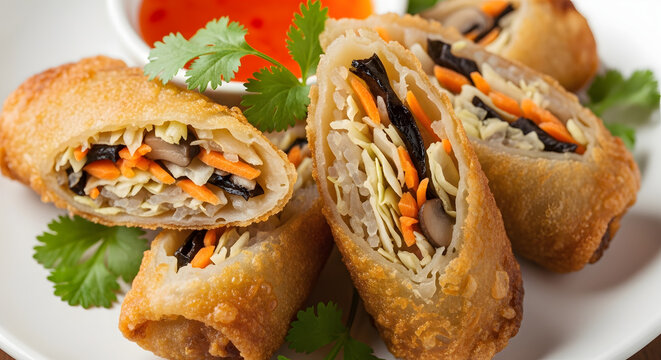 Crispy spring rolls filled with vegetables and served on a plate with a dipping sauce close-up shot