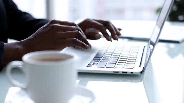 Dark-skinned hands type swiftly on a silver laptop keyboard, resting on a reflective glass desk next to a steaming white mug. This continuous action shows intense focus and professional productivity.