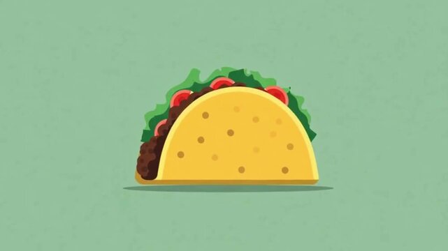 A stylized illustration of a single taco with a yellow shell and green lettuce filling.