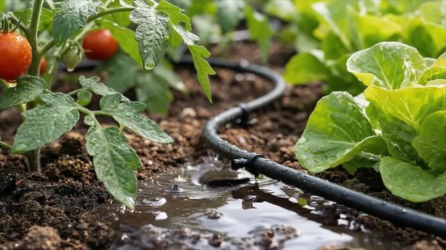 Drip irrigation watering system providing water to tomato and lettuce plants in a garden for efficient plant growth