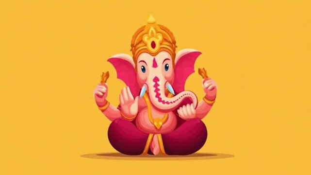 A vibrant cartoon illustration of the Hindu deity Ganesha, depicted in a meditative pose with a crown and jewelry on a yellow background.
