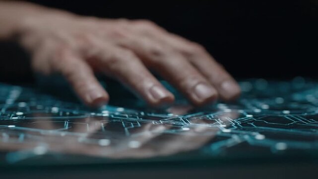 A human hand hovers over a futuristic, glowing blue digital interface resembling a circuit board or neural network map in a dark environment, suggesting intense technological interaction or data mani