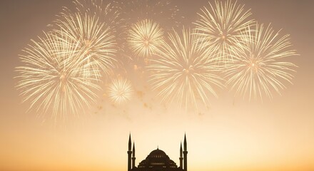 Warm beige fireworks exploding above mosque silhouette ramadan kareem islamic eid mubarak background download 2026 2027