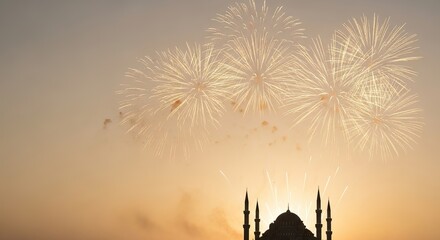 Warm beige fireworks exploding above a mosque silhouette at sunset ramadan kareem islamic eid mubarak background download 2026 2027