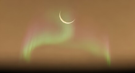 Warm beige sky with crescent moon and green pink aurora ramadan kareem islamic eid mubarak background download 2026 2027