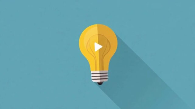 A bright yellow light bulb with a play button icon on a blue background, symbolizing ideas and creativity.