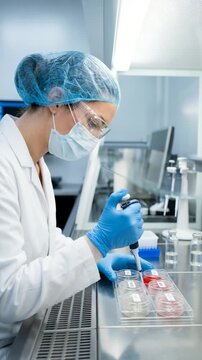 Laboratory technician conducts experiments in microbiology. She analyzes samples using pipette in modern lab. Vertical setting showcases precision and professionalism.