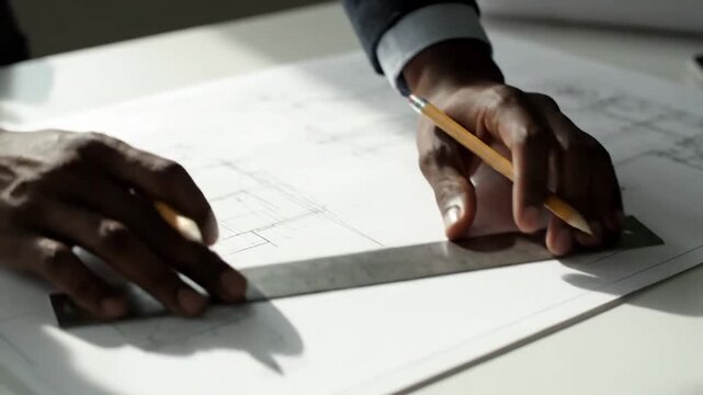 Close-up of an architect or engineer's hands drafting technical drawings on a blueprint with a pencil and ruler. The video captures the precise, meticulous process of professional design work.