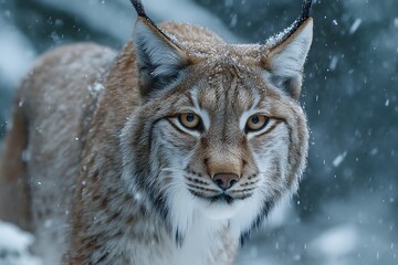 Obraz premium Majestic wild lynx stalking through deep snow making direct eye contact with amber eyes and tufted ears amidst soft falling snowflakes scenes.
