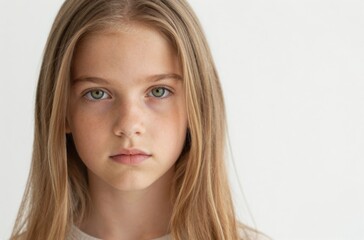 Naklejka premium Portrait of a Beautiful Young Girl with Green Eyes and Long Blonde Hair Against White Background