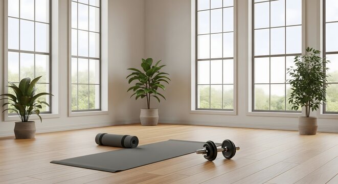 Home Gym Interior with Yoga Mat and Dumbbells, Bright Minimal Fitness Space, Healthy Lifestyle Workout Area, Modern Exercise Room Background