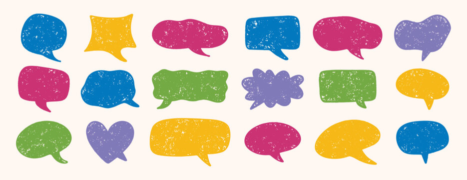 Hand drawn speech bubbles colored textured set dialogue design