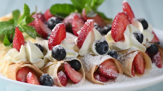 Thin pancakes filled with fresh berries, topped with whipped cream, strawberries, and blueberries, dusted with powdered sugar and mint. Close-up of the dessert on a white plate. Horizontal video. Circ