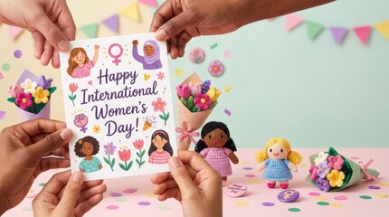 Celebrating women's empowerment through creative crafts and floral arrangements global community event social media content bright and cheerful environment engaging viewpoint