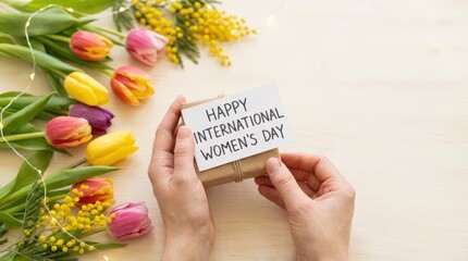 Celebrating international women's day with floral gifts and messages of empowerment home setting greeting card natural elements close-up perspective positive vibes