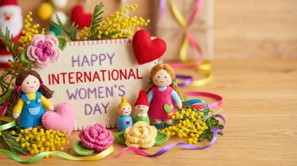 Celebrating international women's day with colorful decorations and handmade dolls home craft display cheerful atmosphere close-up view empowerment and joy