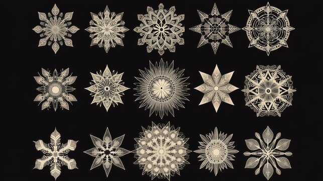 Elegant circular pattern collection featuring stylized star and snowflake motifs arranged in mandala formations, meticulously crafted vector line art with perfect radial symmetry, ranging from simple
