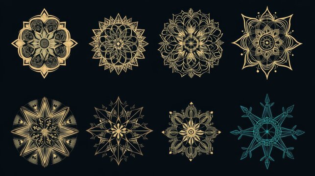 Elegant circular pattern collection featuring stylized star and snowflake motifs arranged in mandala formations, meticulously crafted vector line art with perfect radial symmetry, ranging from simple