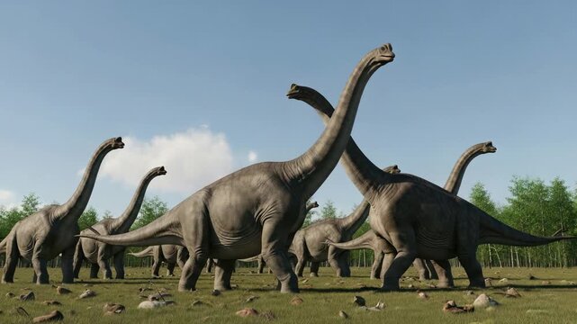 Herd of majestic brachiosaurus dinosaurs walking in lush green prehistoric landscape