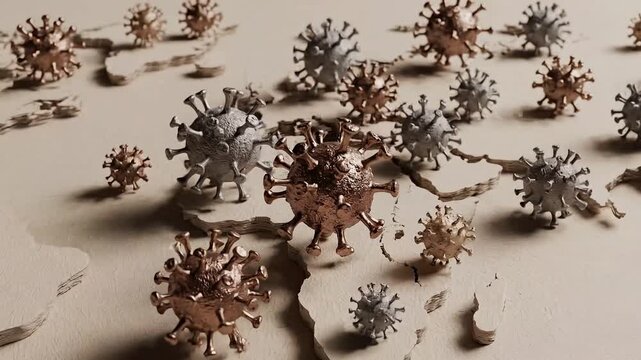 Virus models rotating on a textured paper world map representing a global health crisis and spreading disease across every continent