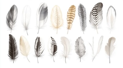 Elegant compilation of various bird feather types rendered with botanical illustration precision, featuring distinctive contour feathers, flight feathers and decorative plumes from diverse avian