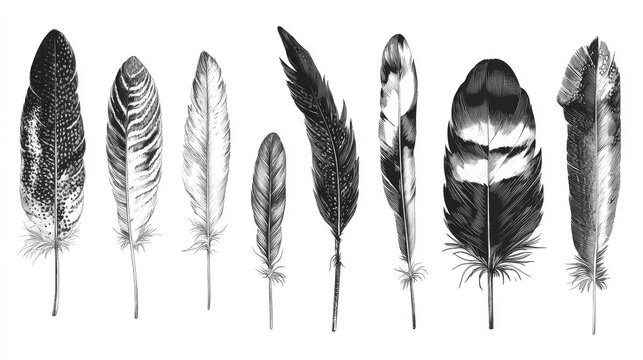 Elegant compilation of various bird feather types rendered with botanical illustration precision, featuring distinctive contour feathers, flight feathers and decorative plumes from diverse avian