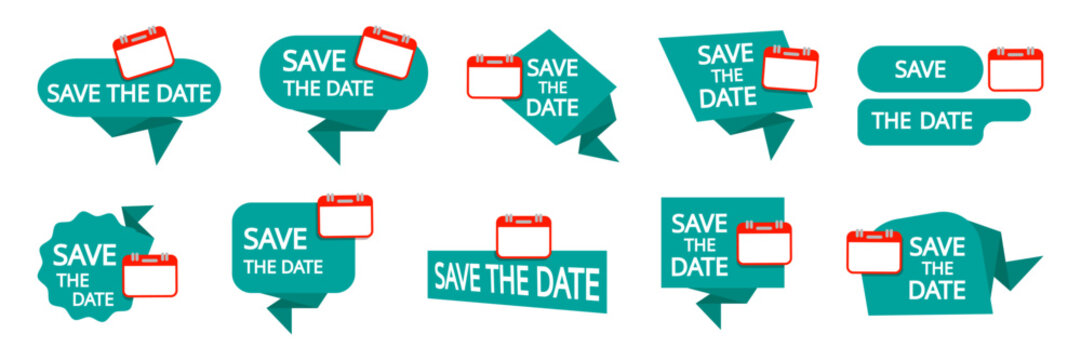 Save the date speech bubble collection in color. Event announcement labels with calendar icons
