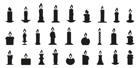 Fototapeta na wymiar Candle silhouettes collection in black. Burning wax candles of different shapes