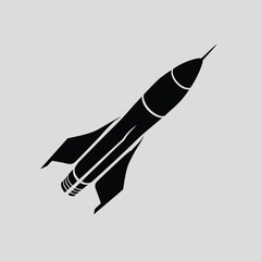 A sleek black and white illustration of a rocket ascending into the sky