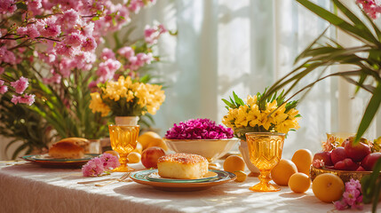 Vibrant Spring Table Setting with Fresh Flowers and Sweet Treats
