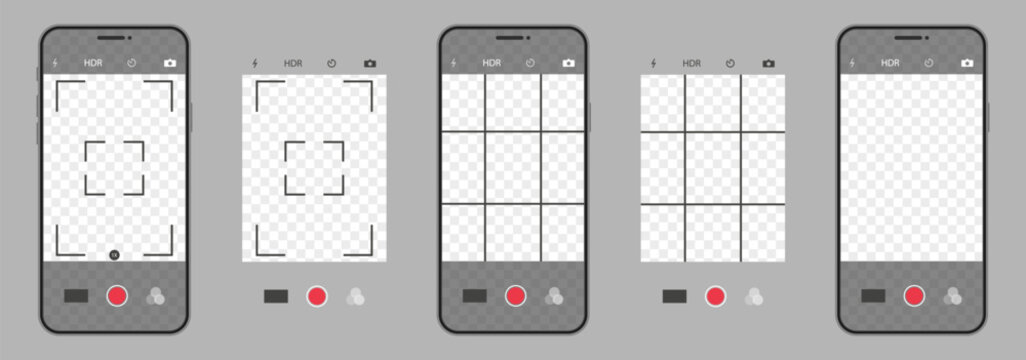 Smartphone camera screen mockups collection. Mobile photo interface frames on transparent background