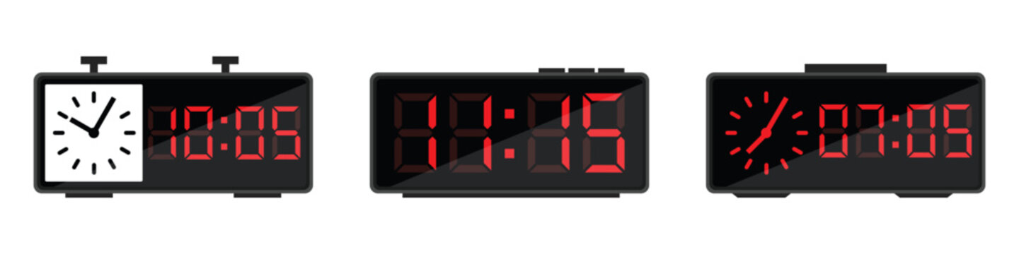 Digital alarm clock icons collection in black. Modern electronic clocks with red LED time display